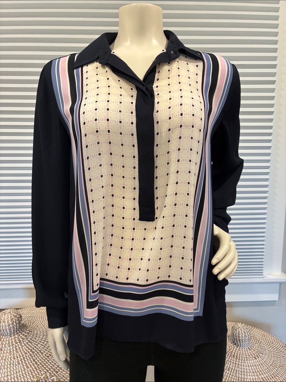LOFT Navy Button-Front Blouse with Cream Patterned Panel and Pastel Stripes